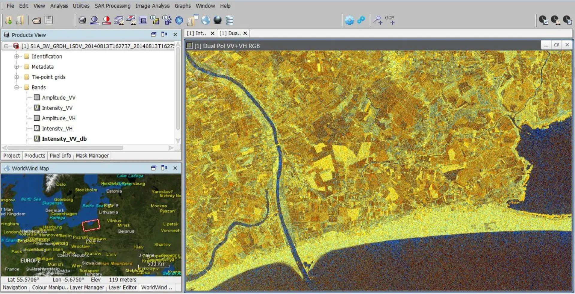 ESA SNAP exibindo produto Sentinel-1 GRD em composição Dual Pol VV+VH
