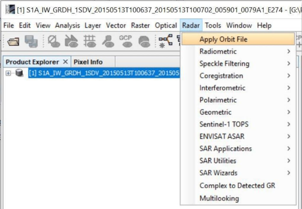 Menu Radar do ESA SNAP com a opção Apply Orbit File
